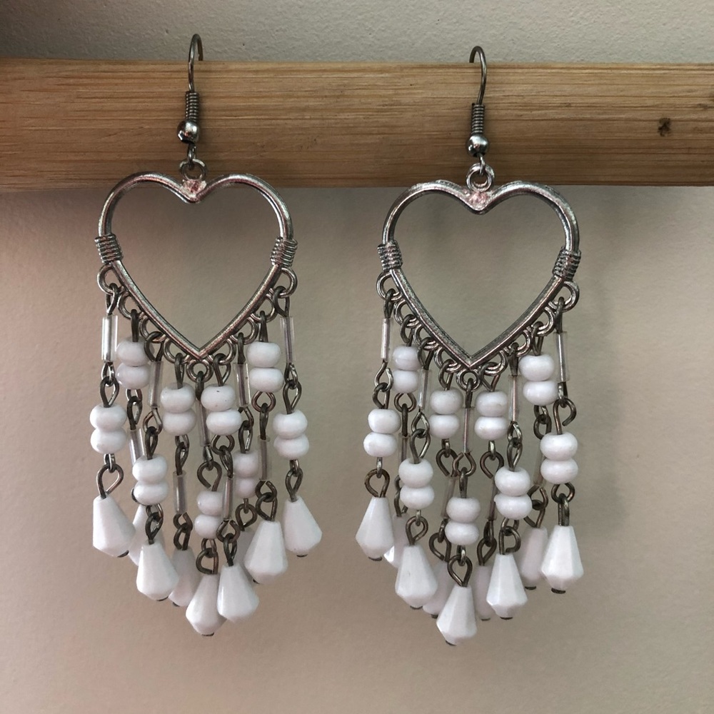 Silver and white beaded heart earrings